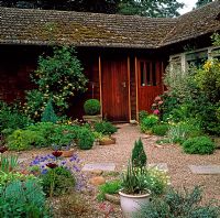 Gravel patio with dwarf conifers, perennials and flagstone path  - Cedar Lodge NGS 