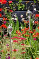 Warm colour border with Crocosmia, Allium, Echinacia, Stipa tenuissima and glass reflecting globes - Benecol's Prism Corner Garden - supporting Rainbow Trust - RHS Hampton Court Flower Show 2008 
