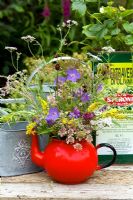 Enamel teapot with wild flower arrangement - Cow Parsely, Vetches, Geranium and Scabious