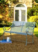 Duck egg blue scroll bench made from galvanised steel