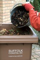 Putting Autumn leaves into Local Authority composting bin for collection