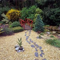 Japanese garden with stepping stones in gravel