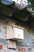 Step by step 7 of making a bat box from a single length of timber - The finished bat box on sheltered wall beneath roof eaves. Boxes should be mounted in a tree or garden wall at a height of between 2.5 to 5 metres