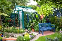 Blue bench in small tropical garden