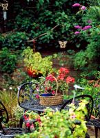 Basket with containers of flowers on balck metal table - Grantham terrace