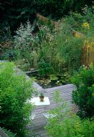 Urban wildlife garden with chairs and table on decking overlooking pond - London