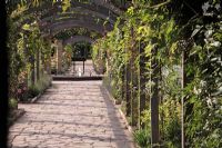 Wooden pergola with Rosa, Clematis and Wisteria, Yorkstone crazy paving path, pond and water fountain in background - Sexby Garden, Peckham Rye Park, London, Heritage Lottery Fund 