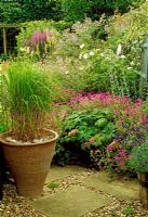A large boarder of colourful perennials. Miscanthus grass and lavender in a pot.