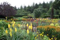 Kniphofia 'Bees Sunset', Helenium, Lobelia, Canna, yellow daisy - New Square Garden, RHS Rosemoor
