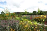 Kniphofia 'Bees Sunset', Crocosmia, Monarda 'Prarienacht', Helenium 'Sahins Early Flowerer' and Lobelia - New Square Garden, RHS Rosemoor