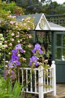 Summerhouse with clock, covered with climbing rose - Mill Dene Gardens, Blockley, Gloucestershire