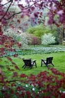 Wooden deckchairs on lawn amongst spring flowers and blossom in the Orchard Garden - Chanticleer Garden, Pennsylvania, USA