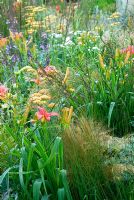 Hemerocallis, Achillea 'Terracotta' and Stipa tenuissima - The Traveller's Garden with Bradstone, RHS Hampton Court Flower Show 2008