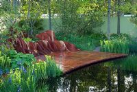 Waves of change sculpture made from Redwood, surrounded by Sarracenia flava and Iris sibirica 'Tropic Night', in front of a dark pool of water - The Foreign and Colonial Investments Garden, Sponsored by Foreign and Colonial Investment Trust, Contractor The Outdoor Room - Silver Flora medal winner at RHS Chelsea Flower Show 2009