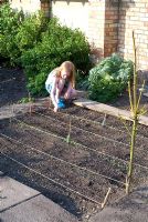 Child's organic vegetable garden with rows of newly planted seeds including lettuce, carrots, spinach, parsley, rocket and Beetroot