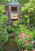 Summerhouse with mature Acers and shrubs with stream at Four Seasons NGS garden, Staffordshire