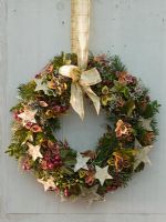 Christmas wreath made from foliage and berries of Pseudotsuga, Euonymus, Buxus, Pernettya, Hedera, Calocephalus and Cupressus 
