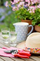 Sunhat and summer drinks on garden table with gardening gloves and secateurs