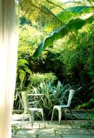 Viwe from inside to outside, silver metal chairs and table on stone paved patio surrounded with tropical planting, Islington, London
