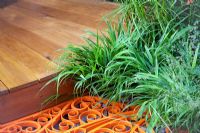 Decking, orange painted grill and low growing grasses