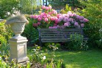 Suburban garden with stoneware garden urn in rose border and bench backed by Rhododendrons