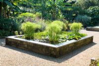 Sunken Garden with Cyperus papyrus in lead rimmed Pool at Old Vicarage Gardens Norfolk