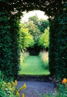 Arched opening in hedge, view to garden beyond