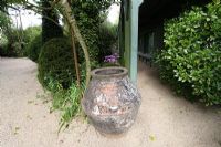 Terracotta urn with views to borders of Tulipa 'Blue Parrot' and Yews with geometrically shaped, English style garden in France - Les Jardins Agapanthe
