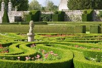 The Great Garden at Pitmedden with colourful Buxus - Box -edged parterres infilled with annuals, Taxus baccata - Yew - pyramids and buttresses and on the western wall, an elegant double staircase - The National Trust for Scotland