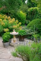 Marijke's garden. A bird bath forms the hub of a circular patio enveloped in greenery