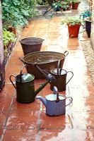 Watering cans and galvanised tubs left out to collect rain water