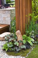 Mixed planting at base of wooden screen - A Japanese Tranquil Retreat Garden, sponsored by Sekisui Exterior Co Ltd - Silver-Gilt Flora medal winner at RHS Chelsea Flower Show 2009 