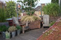 Adirondack chairs with large wooden containers planted with
Betula utilis var. jacquemontii,underplanted with Carex 'Frosty Curls' and
Erigeron karvinskianus, Miscanthus sinensis 'Gracillimus', Calamagrostis x
acutiflora 'Karl Foerster'.Sedum roof and pots of herbs with old watering
can - Roof Terrace Garden