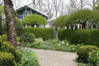 The Teagarden is a combination of model garden, garden shop and tearoom in Weesp. Gravel drive surrounded by borders.