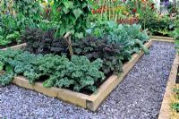 Timber framed Vegetable bed with slate chipping surround in kitchen garden. RHS Tatton Park Flower Show 2009