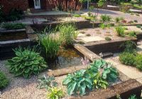 Front garden with raised beds and pond