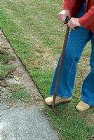 Woman tidying the edge of grassed area alongside path using edging iron