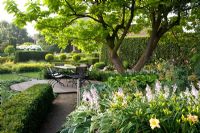 Formal garden with decked seating area in the shade of a Catalpa bignonioides tree underplanted with Hosta and Hemerocallis. Clipped Taxus and Ligustrum hedges