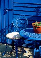 GAP Gardens - Blue painted garden seat, table and shed 