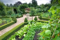 Potager with gravel paths, box edged vegetable borders, Petunias in central urn and pyramid topiary - Sheephouse, Painswick, Gloucestershire