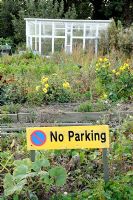 No Parking sign, Alexandra Palace Allotments, North London, England, UK
