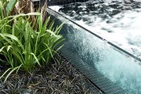Hot tub border with Ophiopogon planiscarpus 'Nigrescens' and Phormium. Trailfinders Australian Garden, Gold medal winner, RHS Chelsea Flower Show 2010 