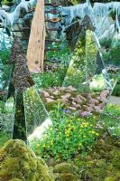 Glass mirrors on diamond shaped structures amongst moss covered rocks. Alpine flowers and Pinus conifer. Lights and Colours of the Alps garden, Bronze medal winner, RHS Chelsea Flower Show 2010
 