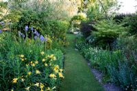 Grass pathway leading through early summer borders with arch in the distance - Old Buckhurst, Kent