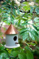 Wooden bird house with copper roof hanging from a tree