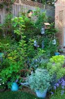 Wildlife friendly, small urban garden in spring with old containers filled with perennials, bedding and bulbs. Lanterns on shepherds hooks. A bird table and butterfly and bee house.