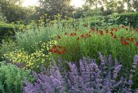 Herbaceous border with Nepeta 'Six Hills Giant', Achillea filipendula 'Gold Plate', Helenium 'Moerheim Beauty' and Sedum 'Autumn Joy' - Heveningham, Suffolk