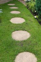 Circular stepping stones in lawn - 'Trevinia', Stubbins, Lancashire, NGS