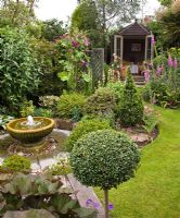 Water feature and view to summerhouse in Pretty secluded suburban garden - High Trees, Longton, Stoke-on-Trent, Staffordshire, NGS