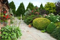 Mature trees and shrubs, Buxus balls, herbaceous perennials and stone oblelisks - Wilkins Pleck NGS, Whitmore, Staffordshire, UK. July 
 